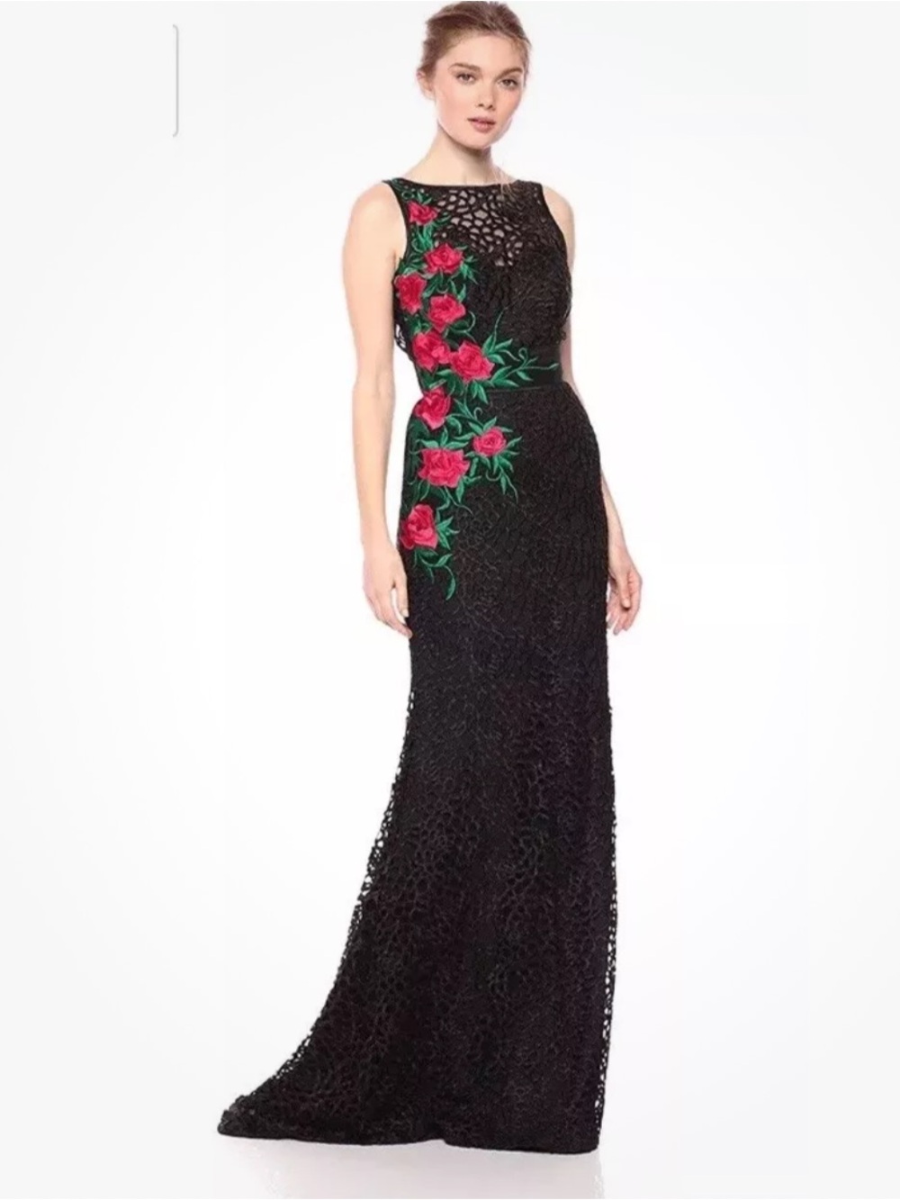 Mac Duggal embroidered Asymmetrical Rose Appliqué Lace open back Black Gown Sz.0
